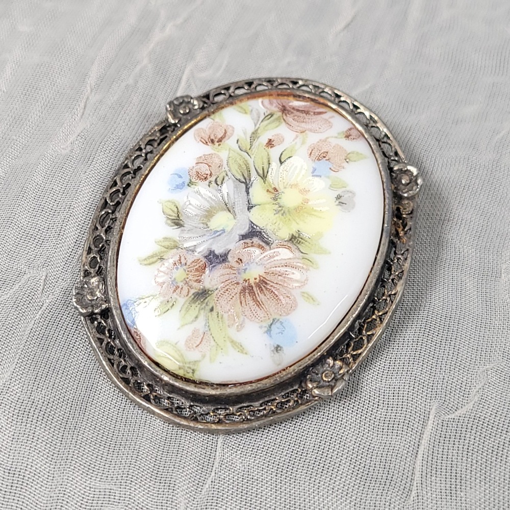Vintage Handpainted Porcelain Brooch Pendant Brass Bronze Tone Floral Pin